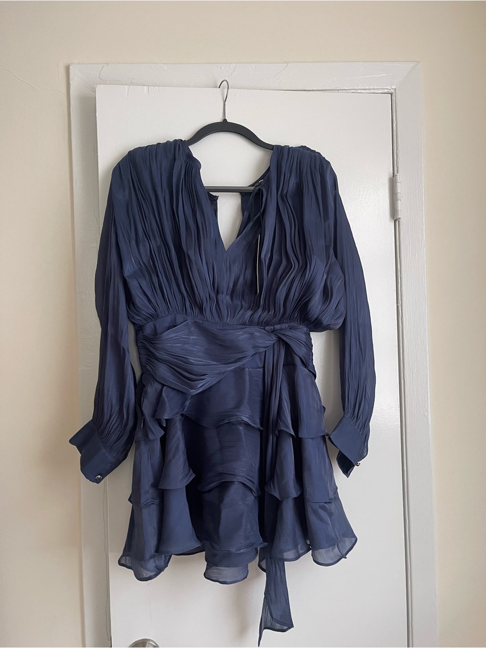 Fashion Nova Navy Pleated Long-Sleeve Ruffle Mini Dress